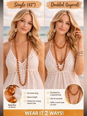Macy’s Amber Glass Bead Necklace 42” Long Layered 2-Look Boho Orange Elegant